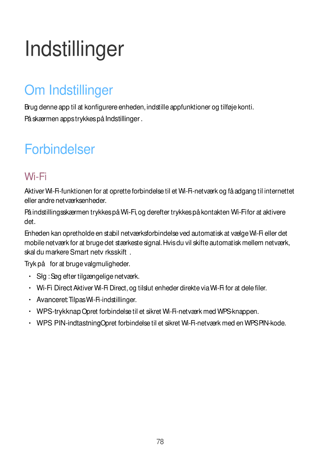 Samsung SM-G388FDSAHTS, SM-G388FDSATEN, SM-G388FDSANEE manual Om Indstillinger, Forbindelser, Wi-Fi 