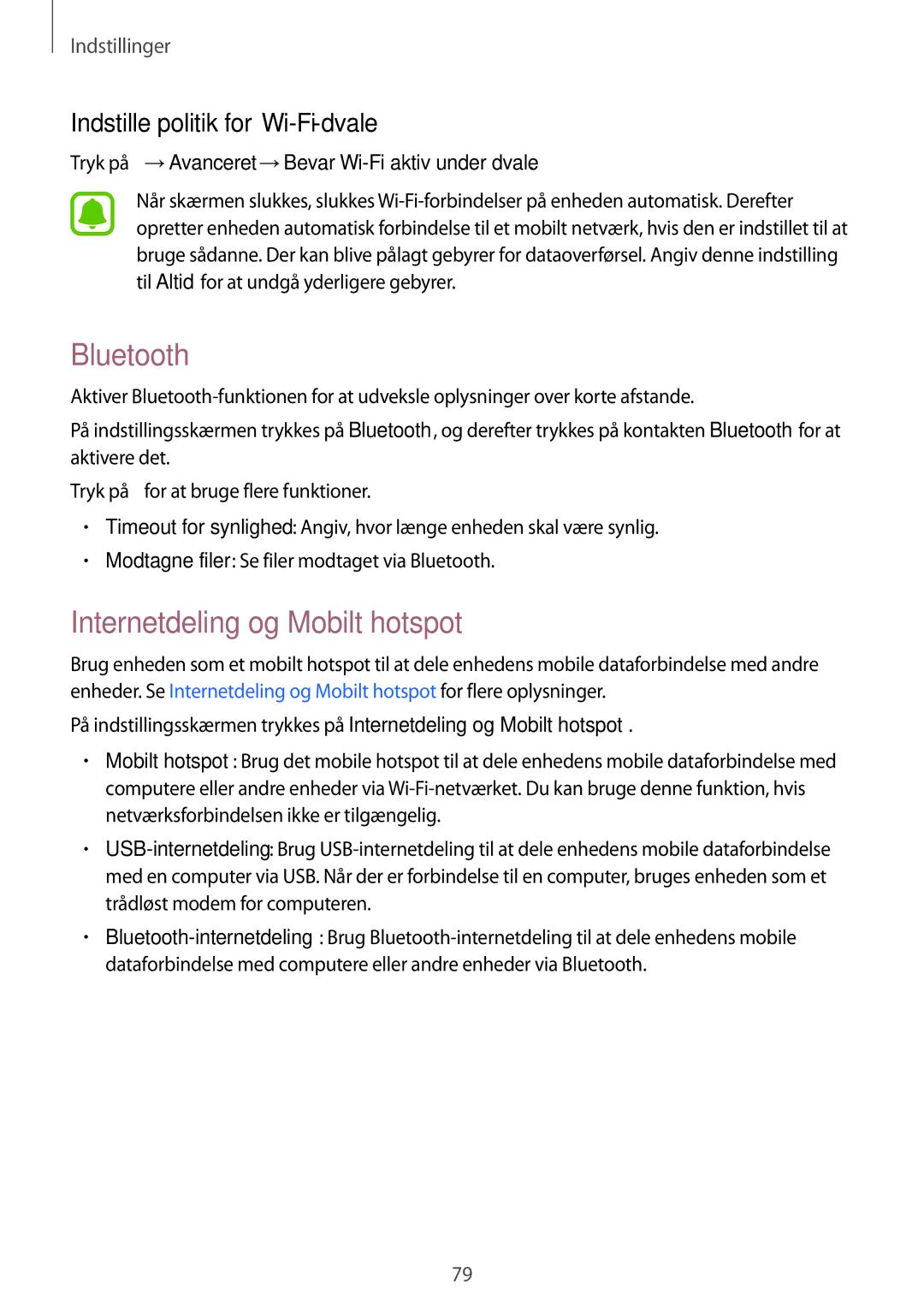 Samsung SM-G388FDSATEN, SM-G388FDSAHTS manual Bluetooth, Internetdeling og Mobilt hotspot, Indstille politik for Wi-Fi-dvale 