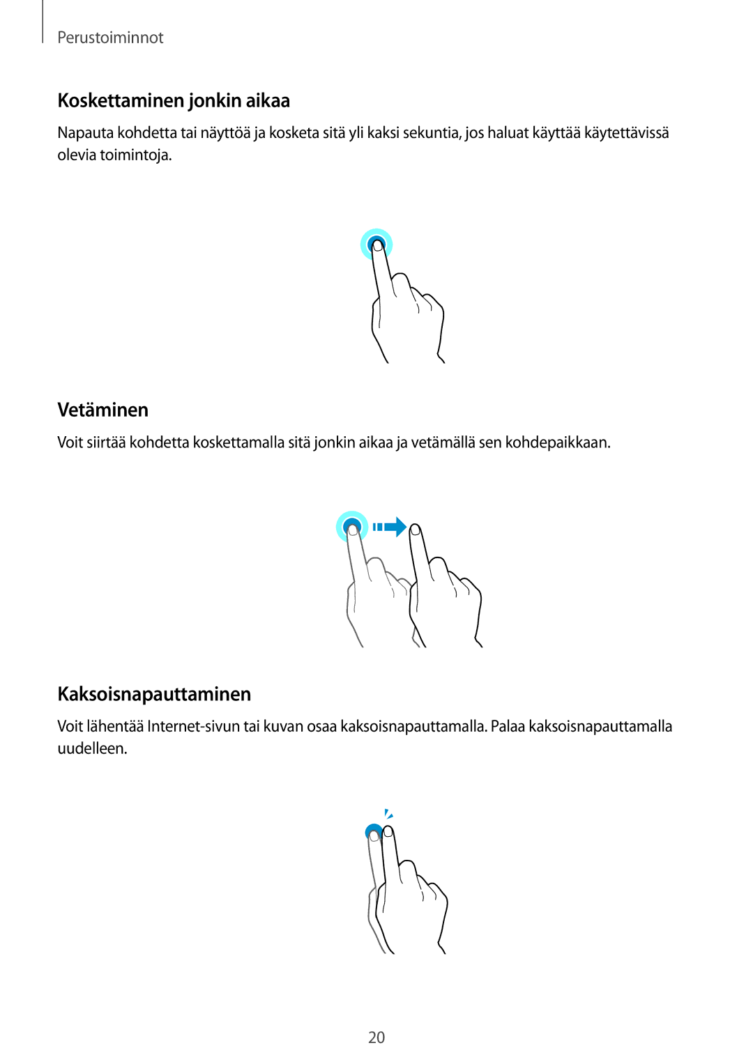 Samsung SM-G388FDSANEE, SM-G388FDSAHTS, SM-G388FDSATEN manual Koskettaminen jonkin aikaa, Vetäminen, Kaksoisnapauttaminen 