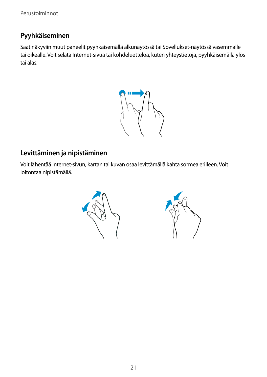 Samsung SM-G388FDSAHTS, SM-G388FDSATEN, SM-G388FDSANEE manual Pyyhkäiseminen, Levittäminen ja nipistäminen 