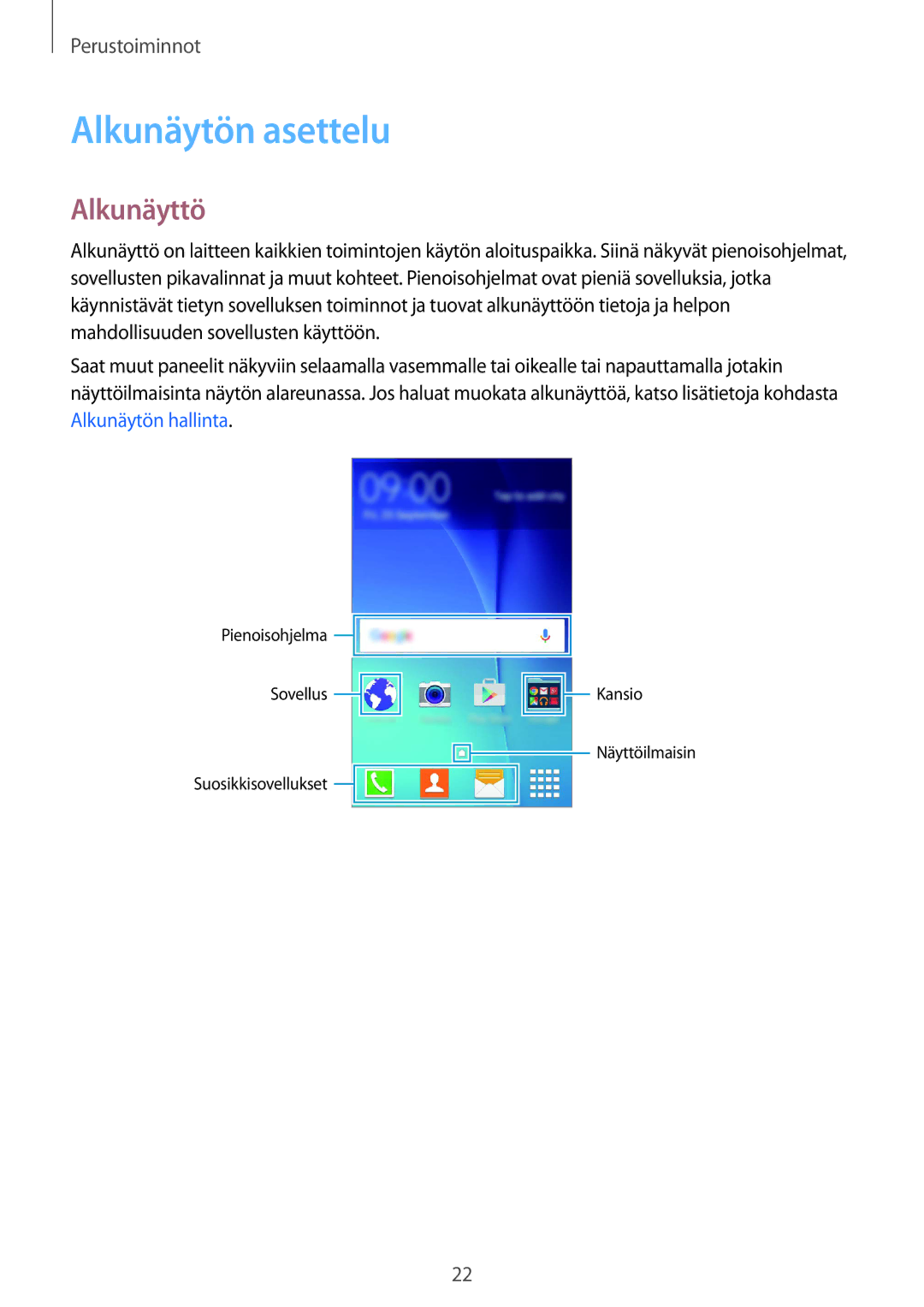 Samsung SM-G388FDSATEN, SM-G388FDSAHTS, SM-G388FDSANEE manual Alkunäytön asettelu, Alkunäyttö 