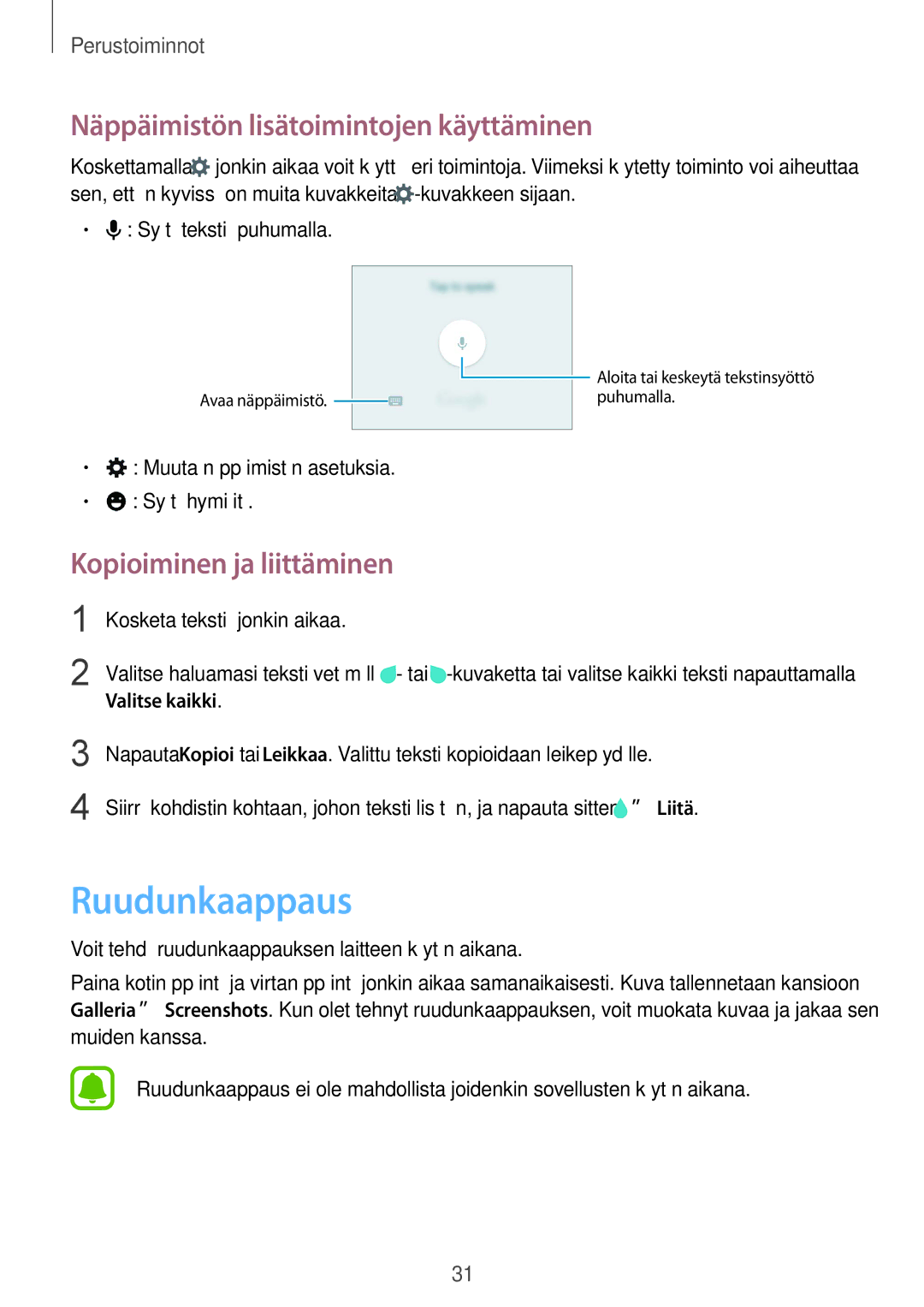 Samsung SM-G388FDSATEN manual Ruudunkaappaus, Näppäimistön lisätoimintojen käyttäminen, Kopioiminen ja liittäminen 