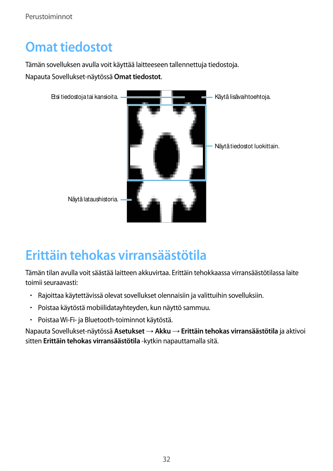 Samsung SM-G388FDSANEE, SM-G388FDSAHTS, SM-G388FDSATEN manual Omat tiedostot, Erittäin tehokas virransäästötila 