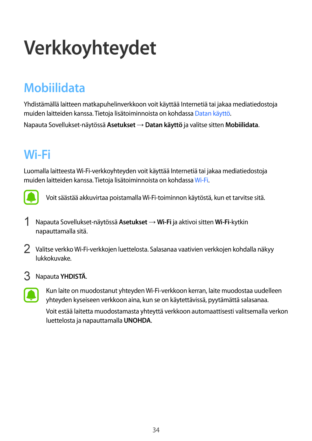 Samsung SM-G388FDSATEN, SM-G388FDSAHTS, SM-G388FDSANEE manual Verkkoyhteydet, Mobiilidata, Wi-Fi 