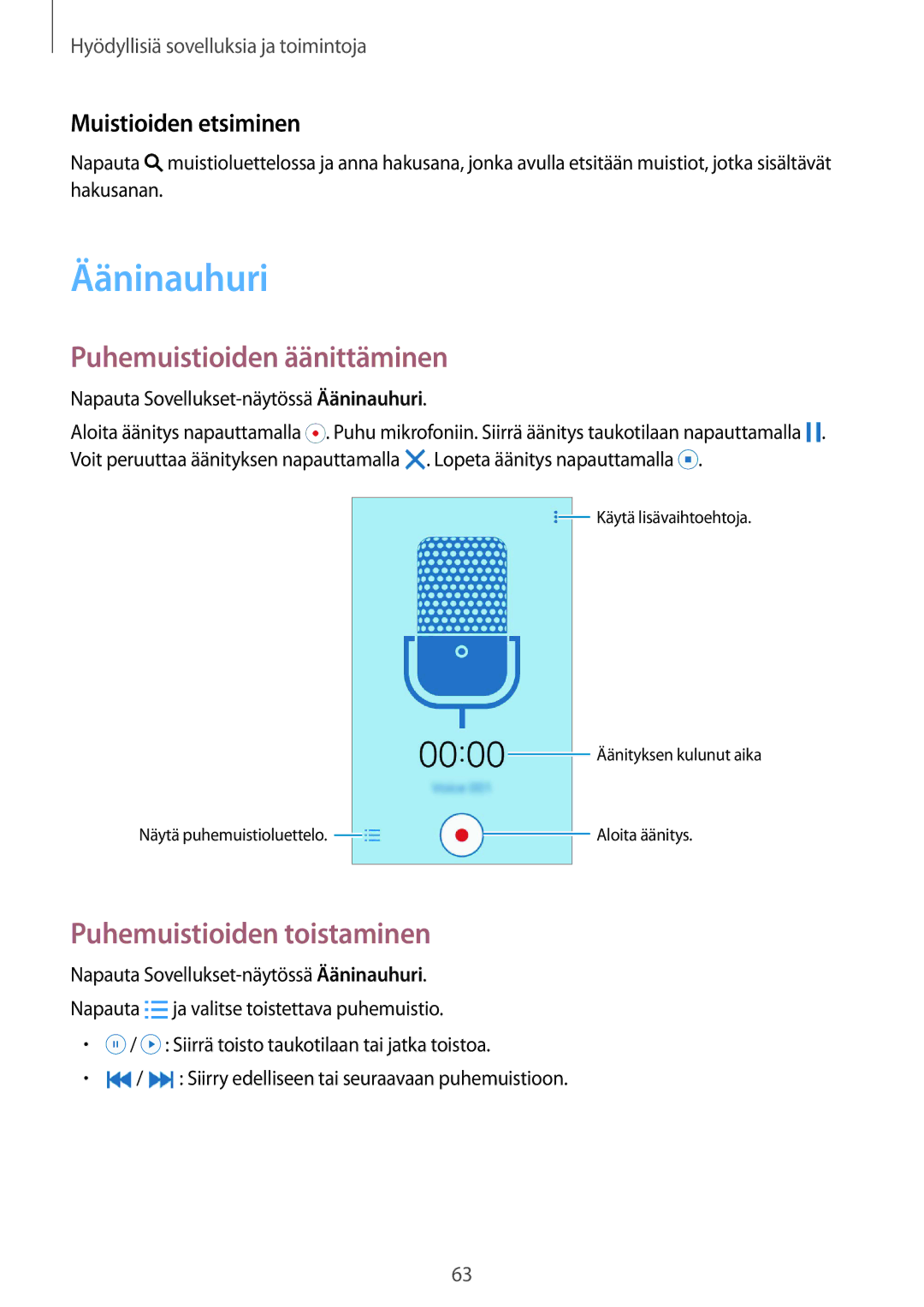 Samsung SM-G388FDSAHTS manual Ääninauhuri, Puhemuistioiden äänittäminen, Puhemuistioiden toistaminen, Muistioiden etsiminen 