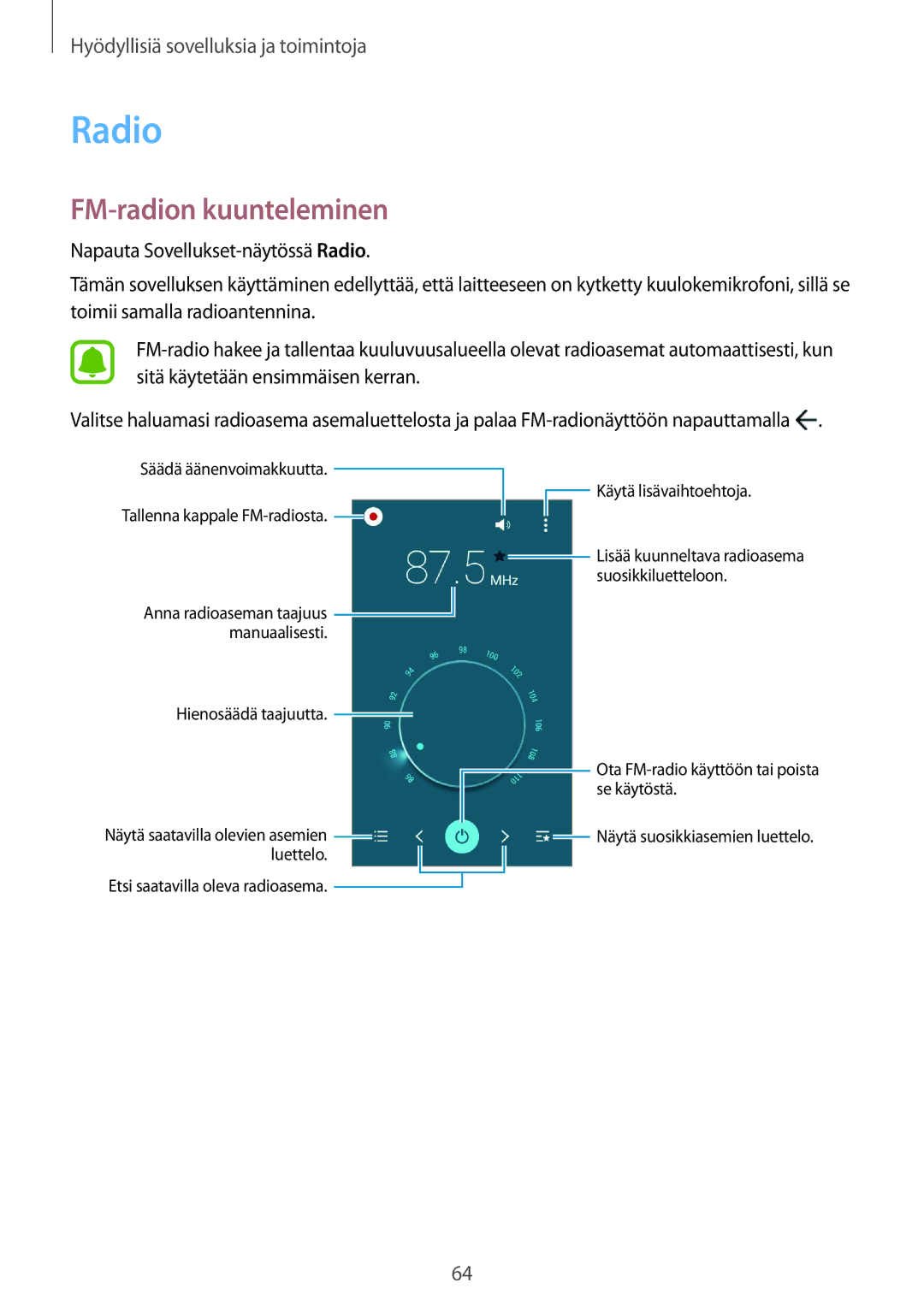 Samsung SM-G388FDSATEN, SM-G388FDSAHTS, SM-G388FDSANEE manual Radio, FM-radion kuunteleminen 