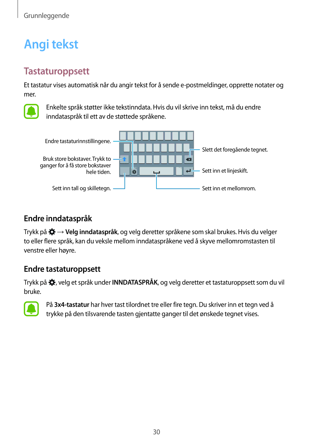 Samsung SM-G388FDSAHTS, SM-G388FDSATEN manual Angi tekst, Tastaturoppsett, Endre inndataspråk, Endre tastaturoppsett 