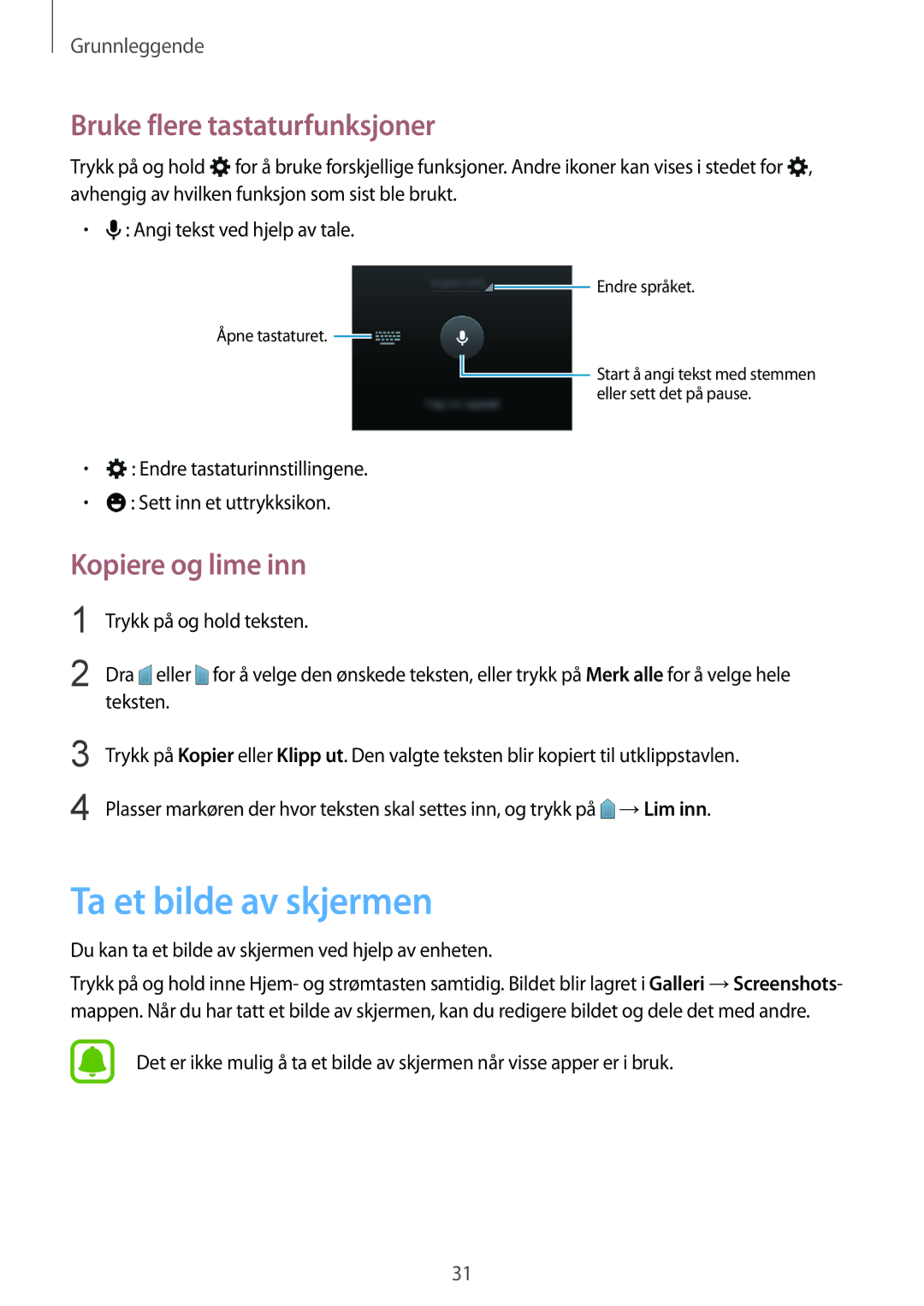 Samsung SM-G388FDSATEN, SM-G388FDSAHTS manual Ta et bilde av skjermen, Bruke flere tastaturfunksjoner, Kopiere og lime inn 