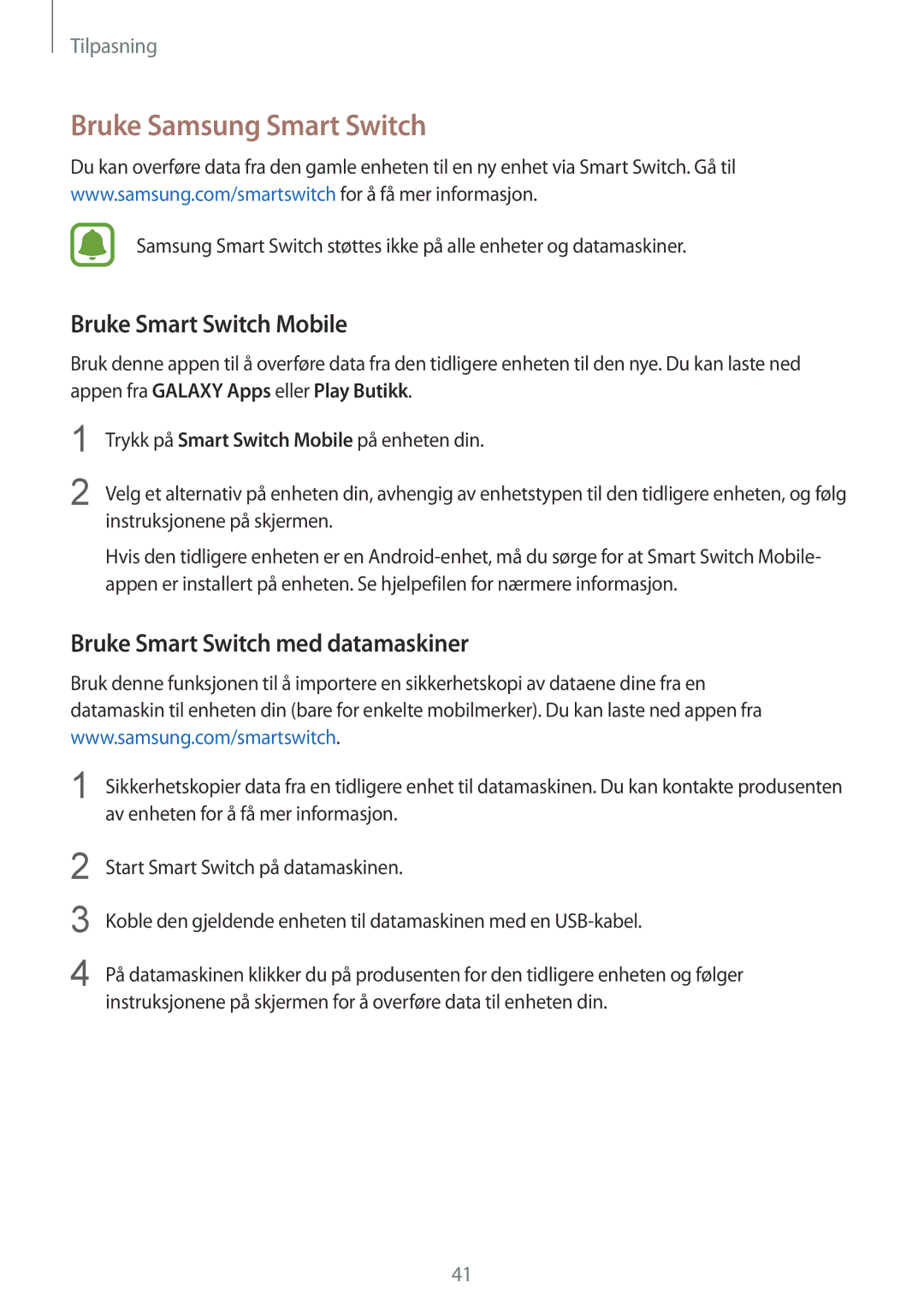 Samsung SM-G388FDSANEE manual Bruke Samsung Smart Switch, Bruke Smart Switch Mobile, Bruke Smart Switch med datamaskiner 