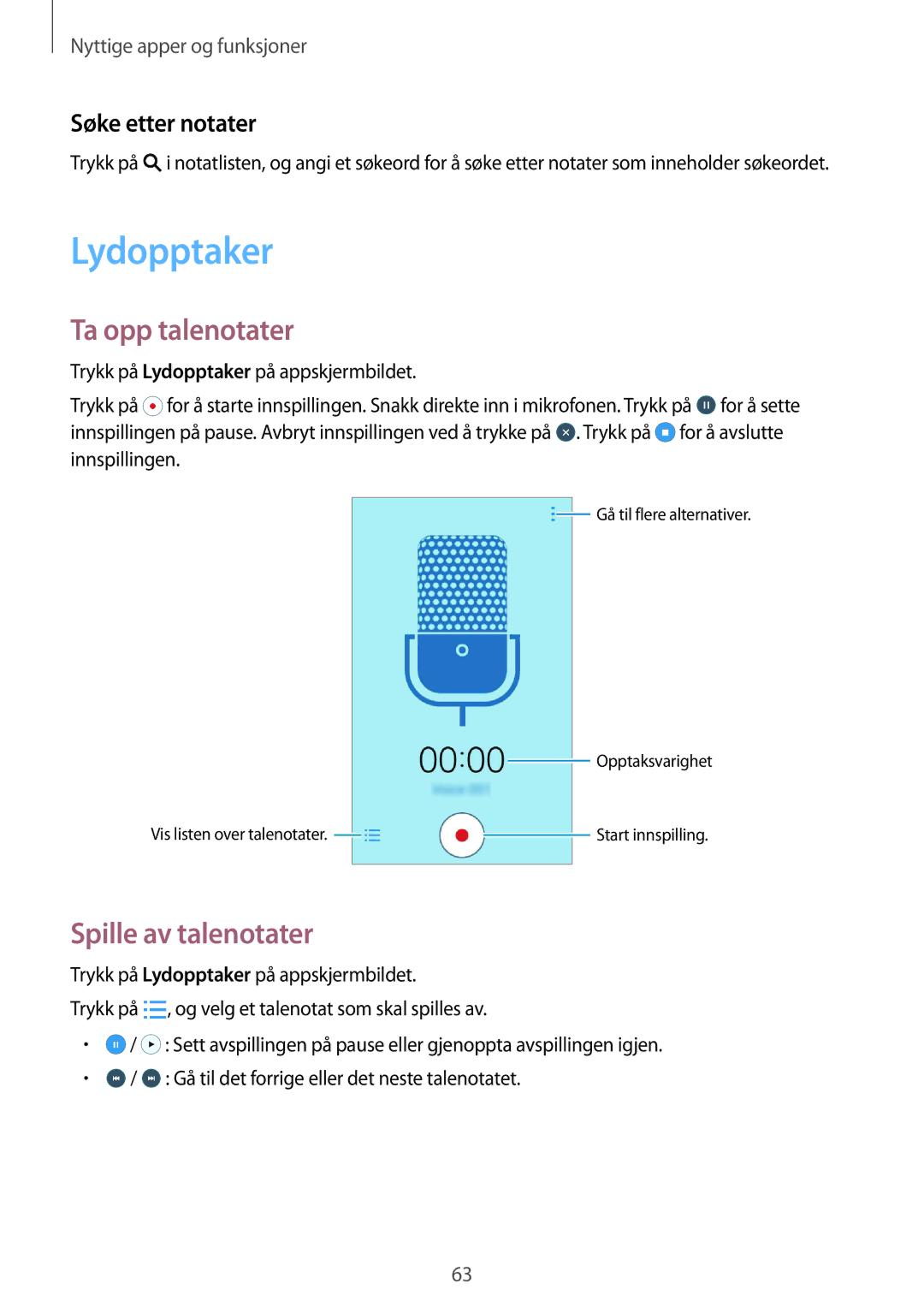 Samsung SM-G388FDSAHTS, SM-G388FDSATEN manual Lydopptaker, Ta opp talenotater, Spille av talenotater, Søke etter notater 