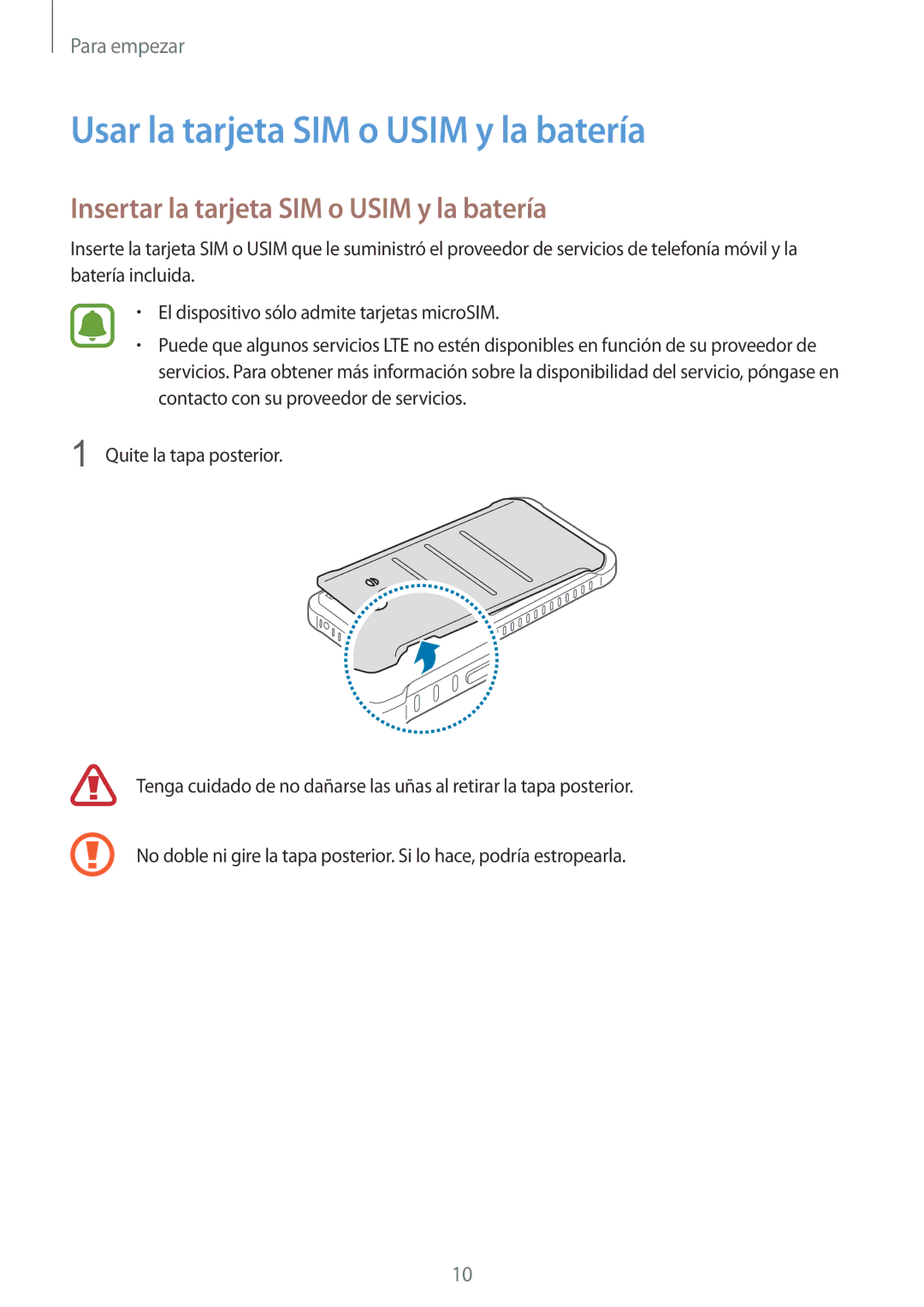 Samsung SM-G388FDSAPHE manual Usar la tarjeta SIM o Usim y la batería, Insertar la tarjeta SIM o Usim y la batería 