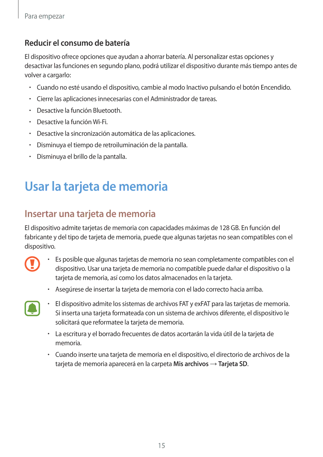 Samsung SM-G388FDSAPHE manual Usar la tarjeta de memoria, Insertar una tarjeta de memoria, Reducir el consumo de batería 