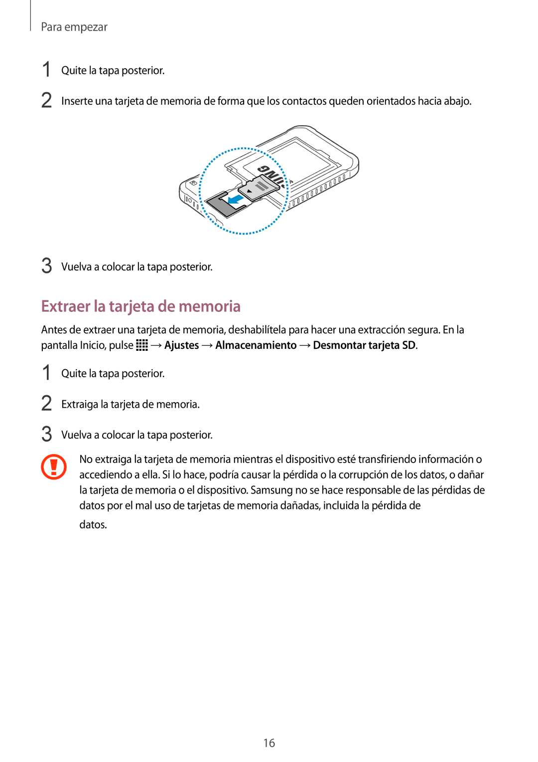 Samsung SM-G388FDSAPHE manual Extraer la tarjeta de memoria 