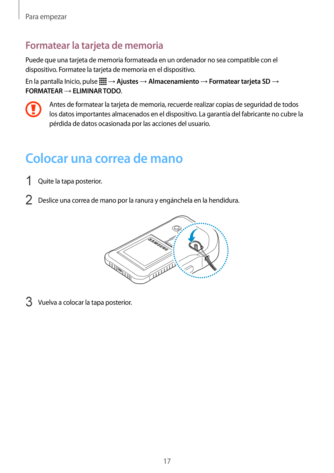 Samsung SM-G388FDSAPHE manual Colocar una correa de mano, Formatear la tarjeta de memoria 