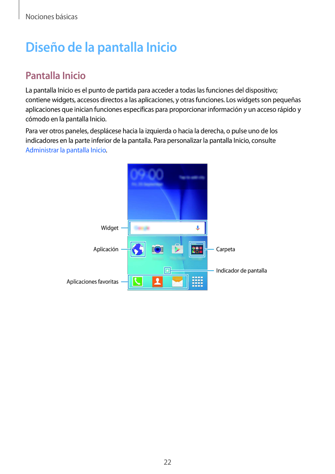 Samsung SM-G388FDSAPHE manual Diseño de la pantalla Inicio, Pantalla Inicio 