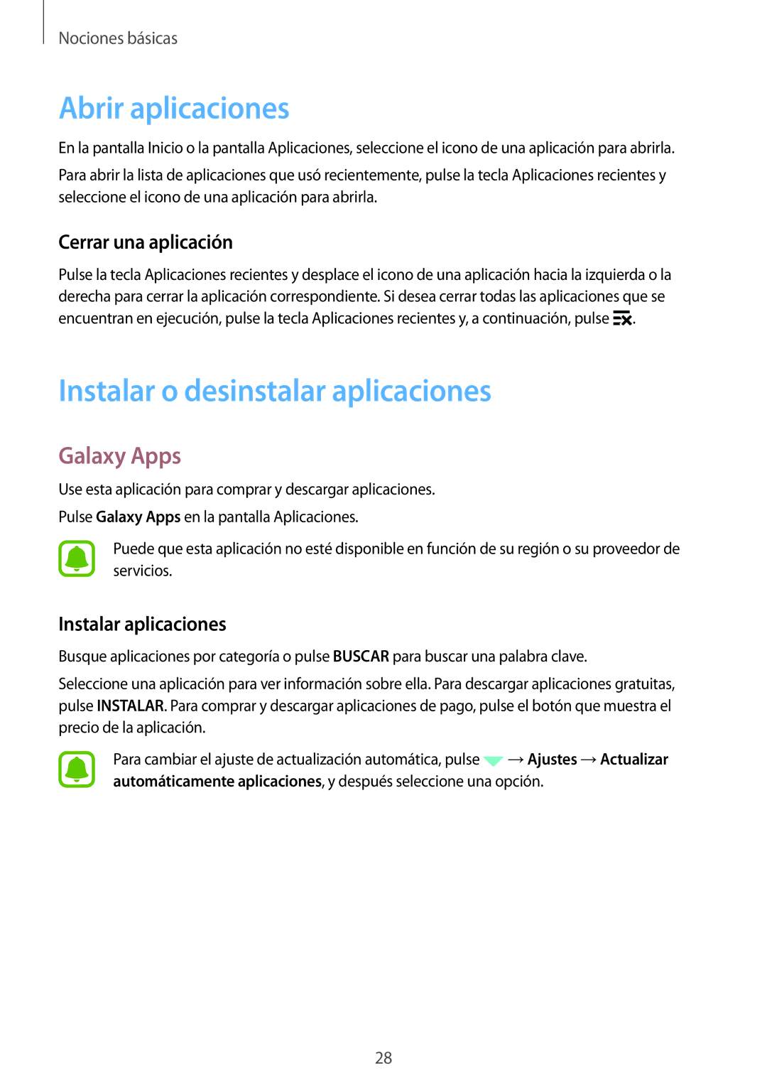 Samsung SM-G388FDSAPHE manual Abrir aplicaciones, Instalar o desinstalar aplicaciones, Galaxy Apps, Cerrar una aplicación 