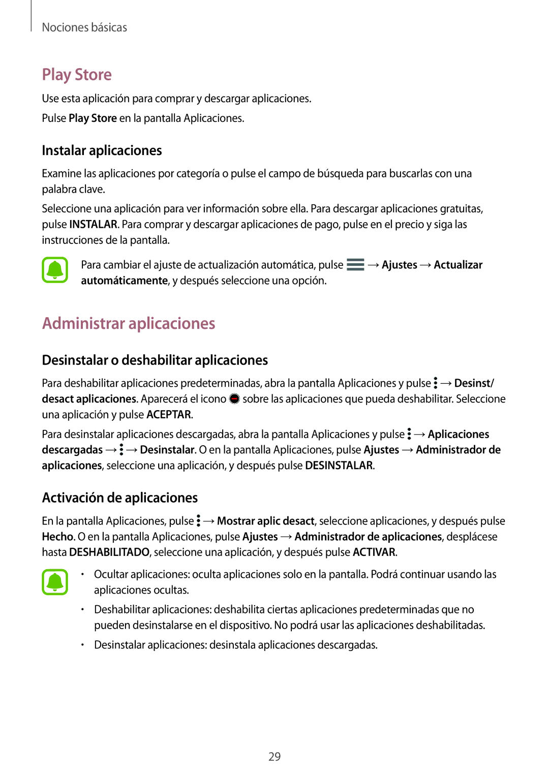 Samsung SM-G388FDSAPHE manual Play Store, Administrar aplicaciones, Desinstalar o deshabilitar aplicaciones 