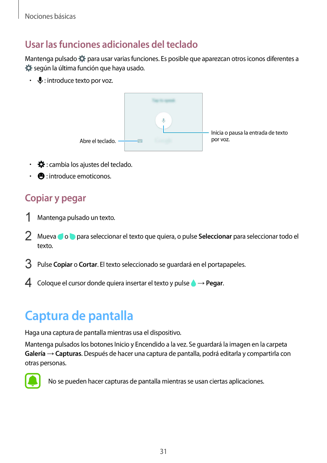 Samsung SM-G388FDSAPHE manual Captura de pantalla, Usar las funciones adicionales del teclado, Copiar y pegar 