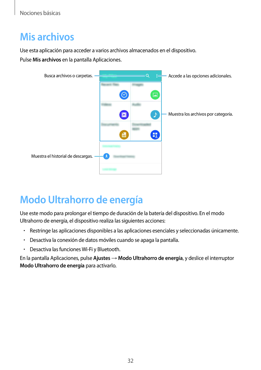 Samsung SM-G388FDSAPHE manual Mis archivos, Modo Ultrahorro de energía 