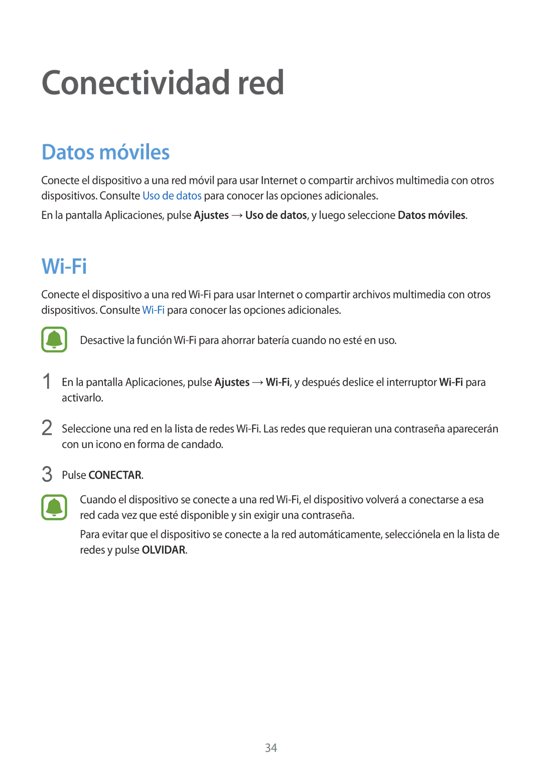 Samsung SM-G388FDSAPHE manual Conectividad red, Datos móviles, Wi-Fi 