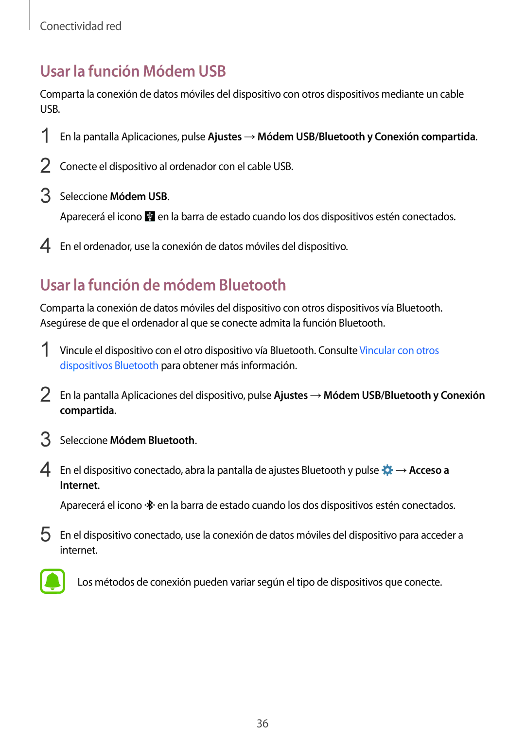 Samsung SM-G388FDSAPHE manual Usar la función Módem USB, Usar la función de módem Bluetooth 