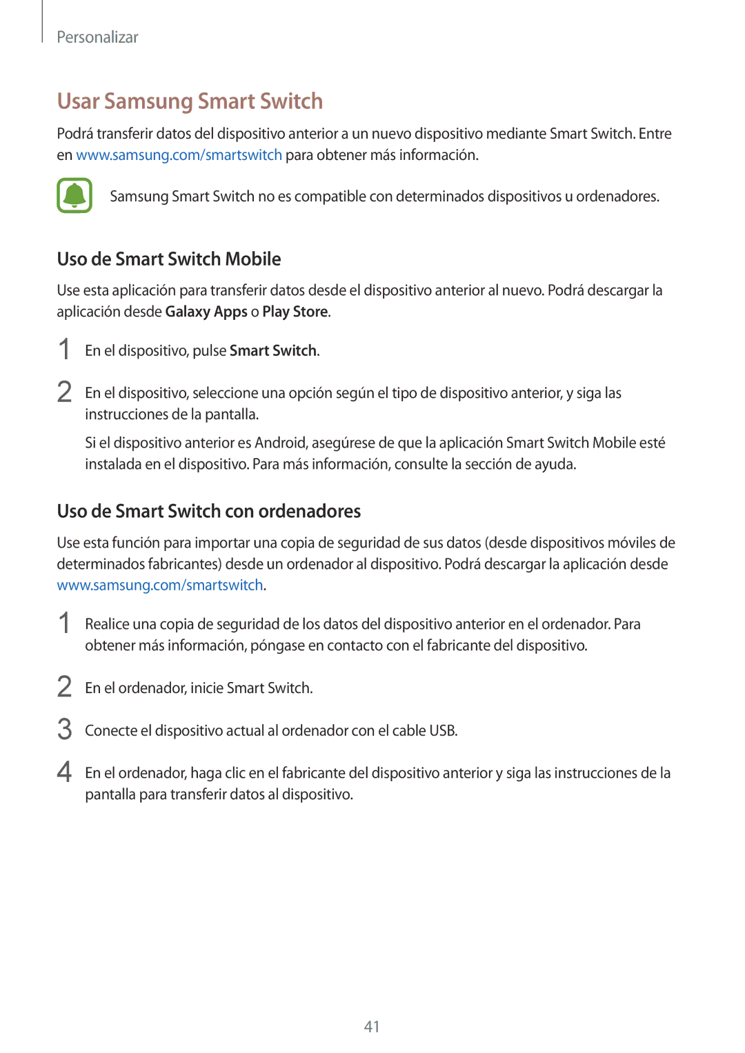 Samsung SM-G388FDSAPHE manual Usar Samsung Smart Switch, Uso de Smart Switch Mobile, Uso de Smart Switch con ordenadores 