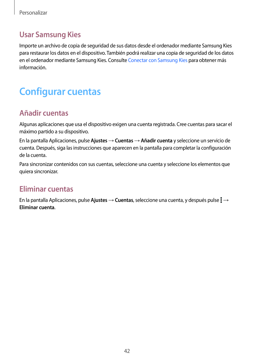 Samsung SM-G388FDSAPHE manual Configurar cuentas, Usar Samsung Kies, Añadir cuentas, Eliminar cuentas 