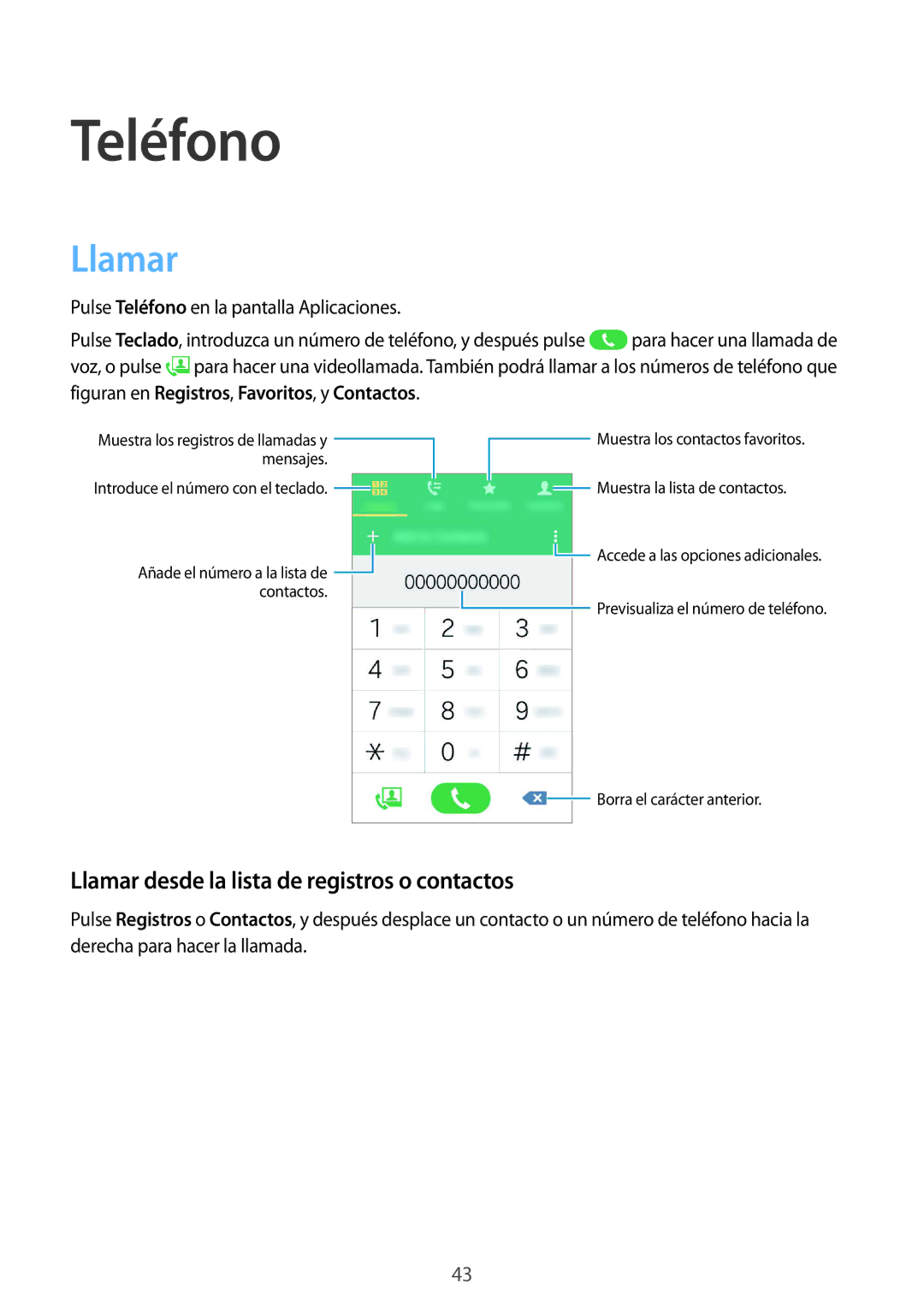 Samsung SM-G388FDSAPHE manual Teléfono, Llamar desde la lista de registros o contactos 