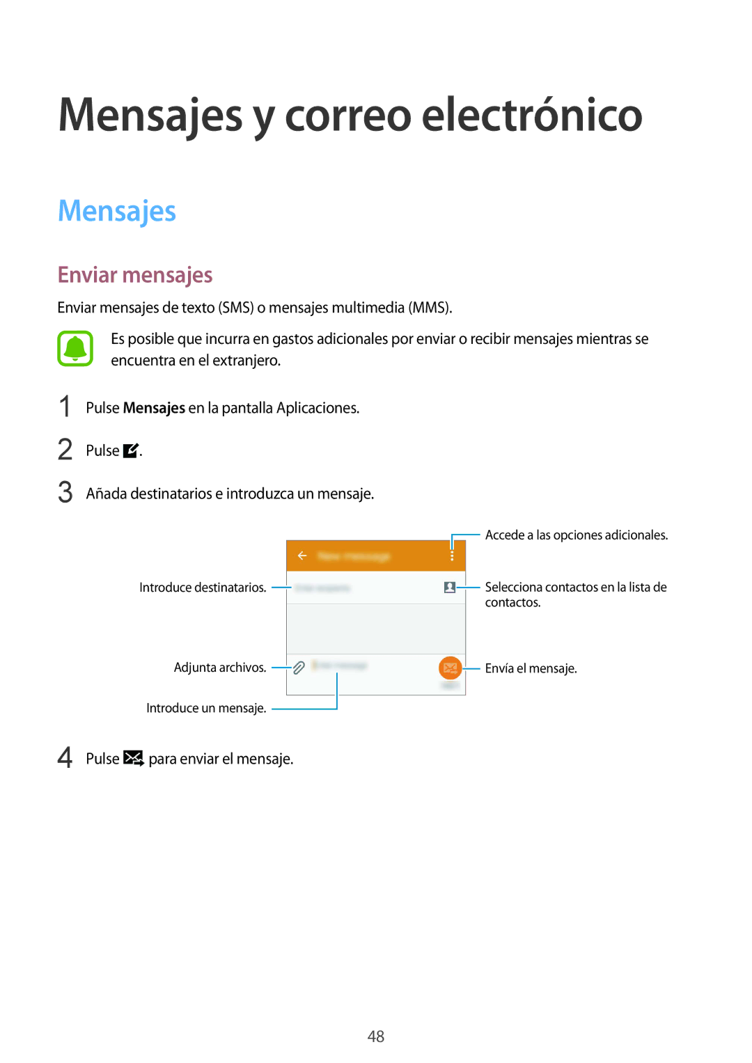 Samsung SM-G388FDSAPHE manual Mensajes, Enviar mensajes 