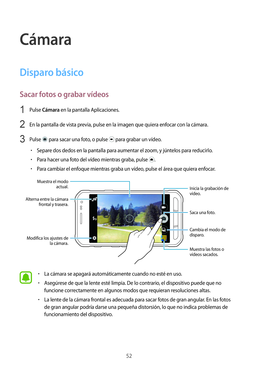 Samsung SM-G388FDSAPHE manual Cámara, Disparo básico, Sacar fotos o grabar vídeos 