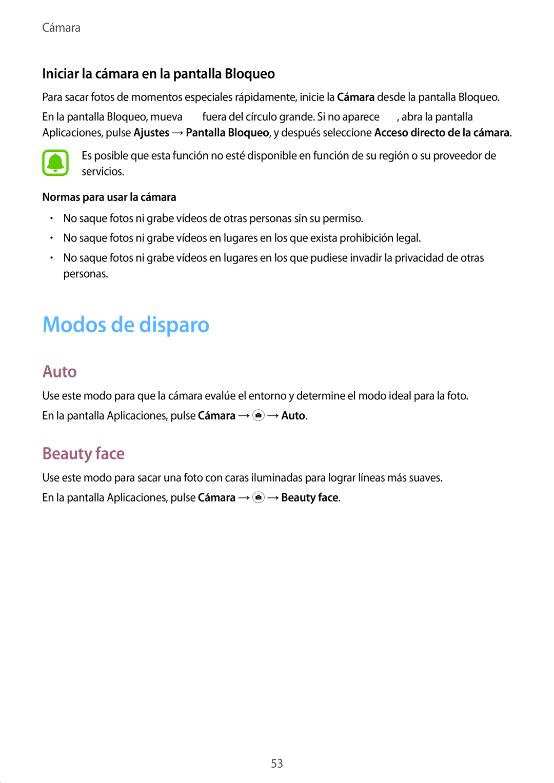 Samsung SM-G388FDSAPHE manual Modos de disparo, Auto, Beauty face, Iniciar la cámara en la pantalla Bloqueo 