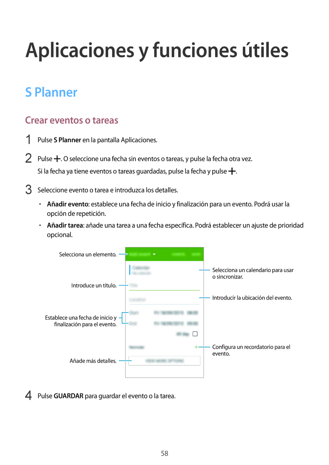 Samsung SM-G388FDSAPHE manual Planner, Crear eventos o tareas 