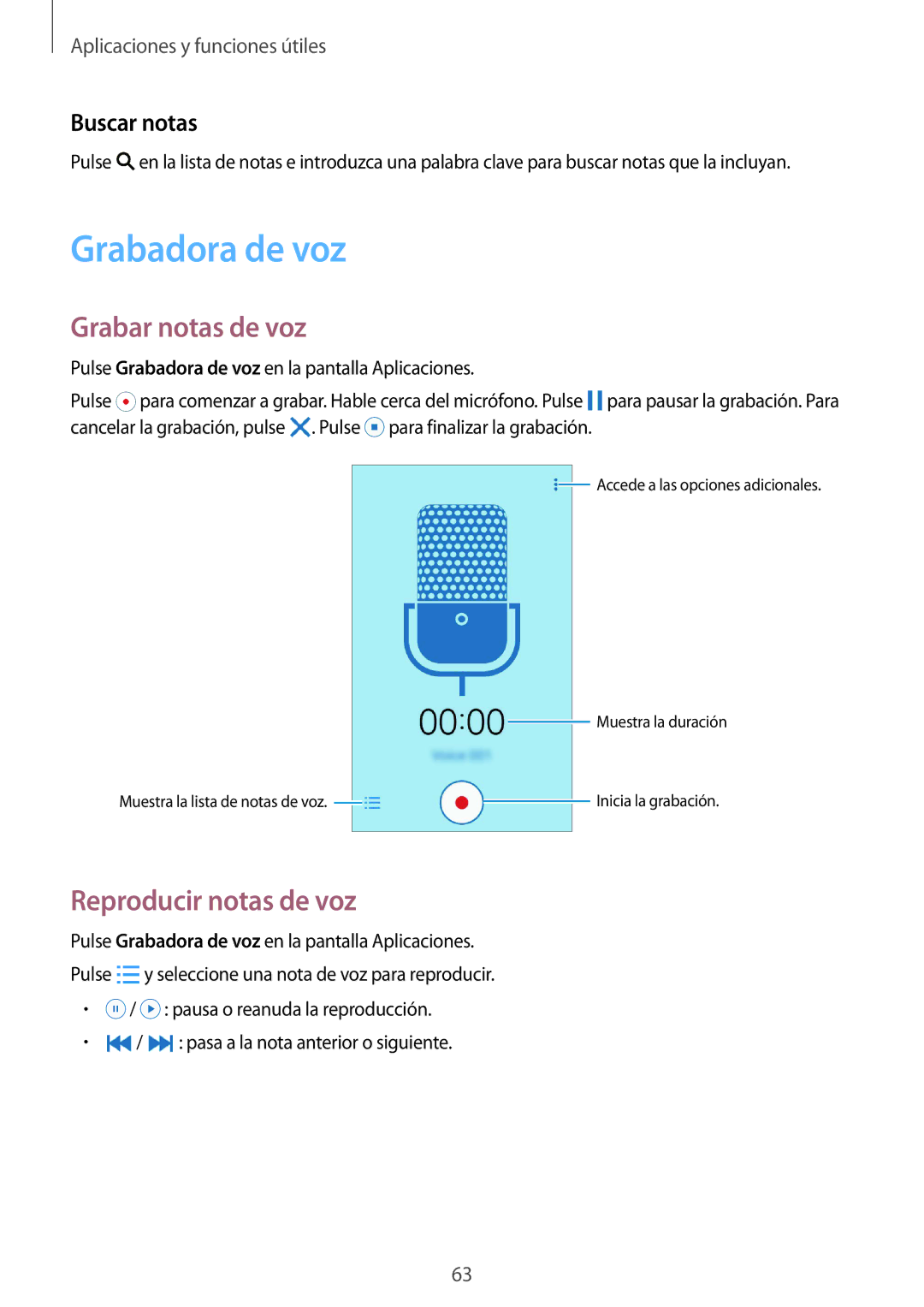 Samsung SM-G388FDSAPHE manual Grabadora de voz, Grabar notas de voz, Reproducir notas de voz, Buscar notas 