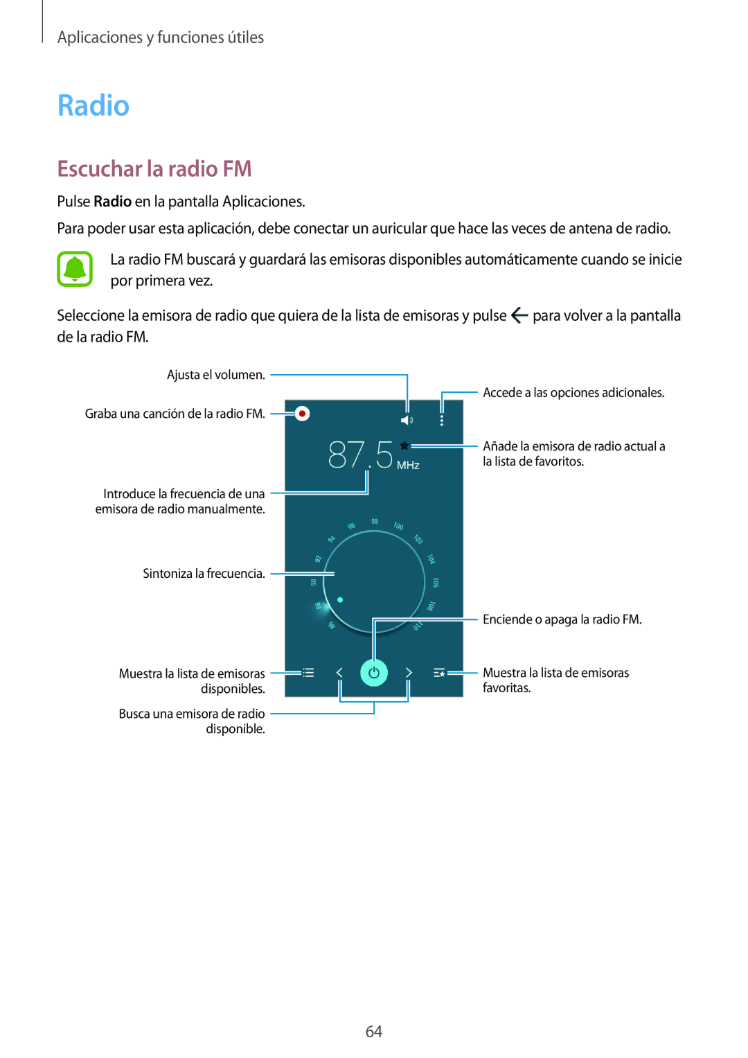 Samsung SM-G388FDSAPHE manual Radio, Escuchar la radio FM 