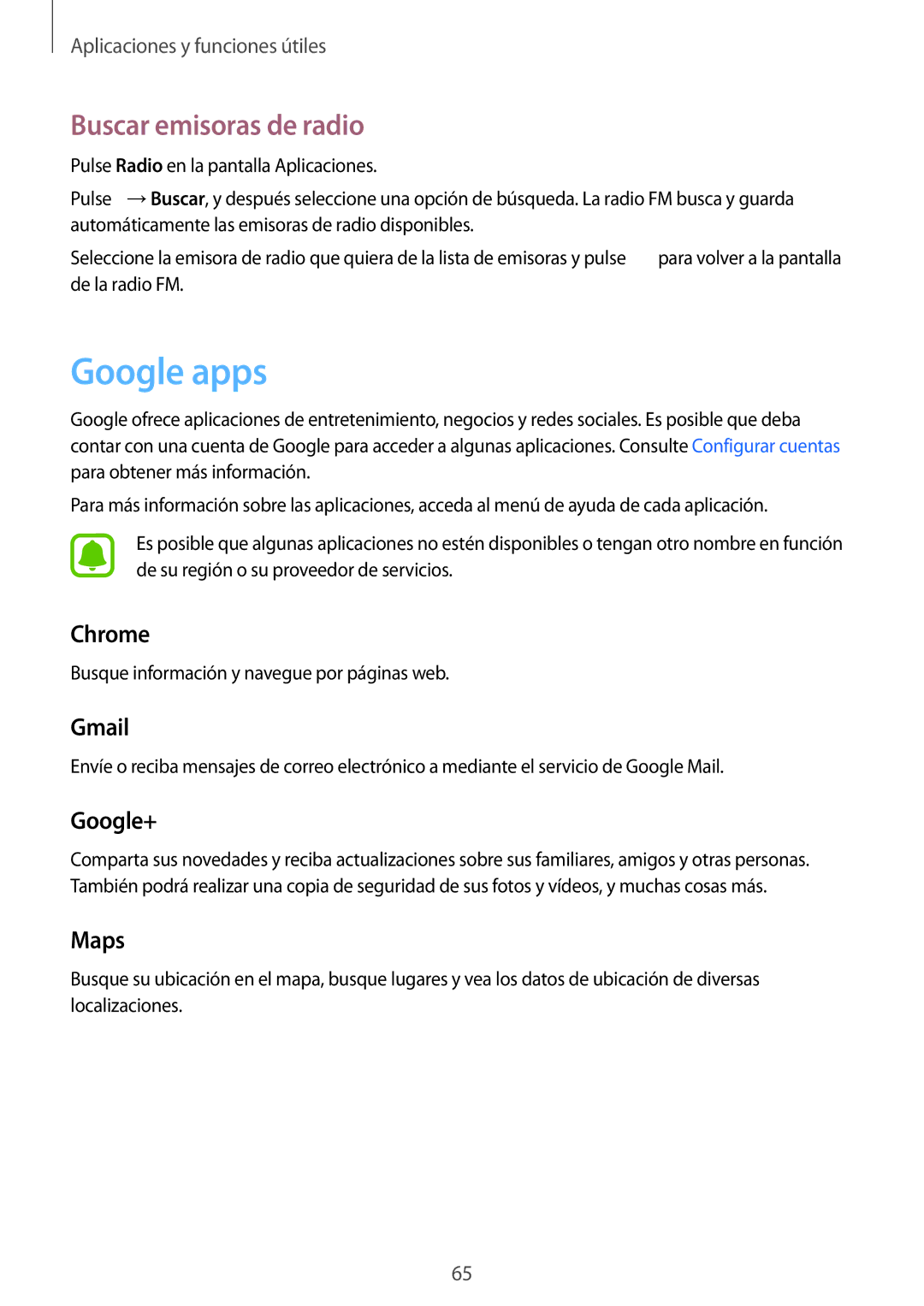 Samsung SM-G388FDSAPHE manual Google apps, Buscar emisoras de radio 