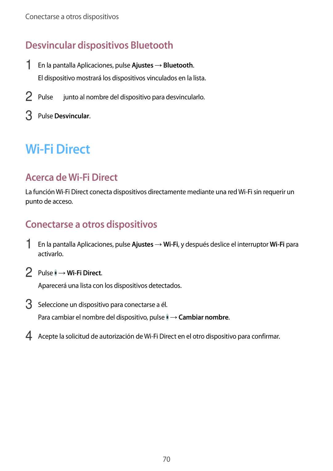 Samsung SM-G388FDSAPHE Desvincular dispositivos Bluetooth, Acerca de Wi-Fi Direct, Conectarse a otros dispositivos 