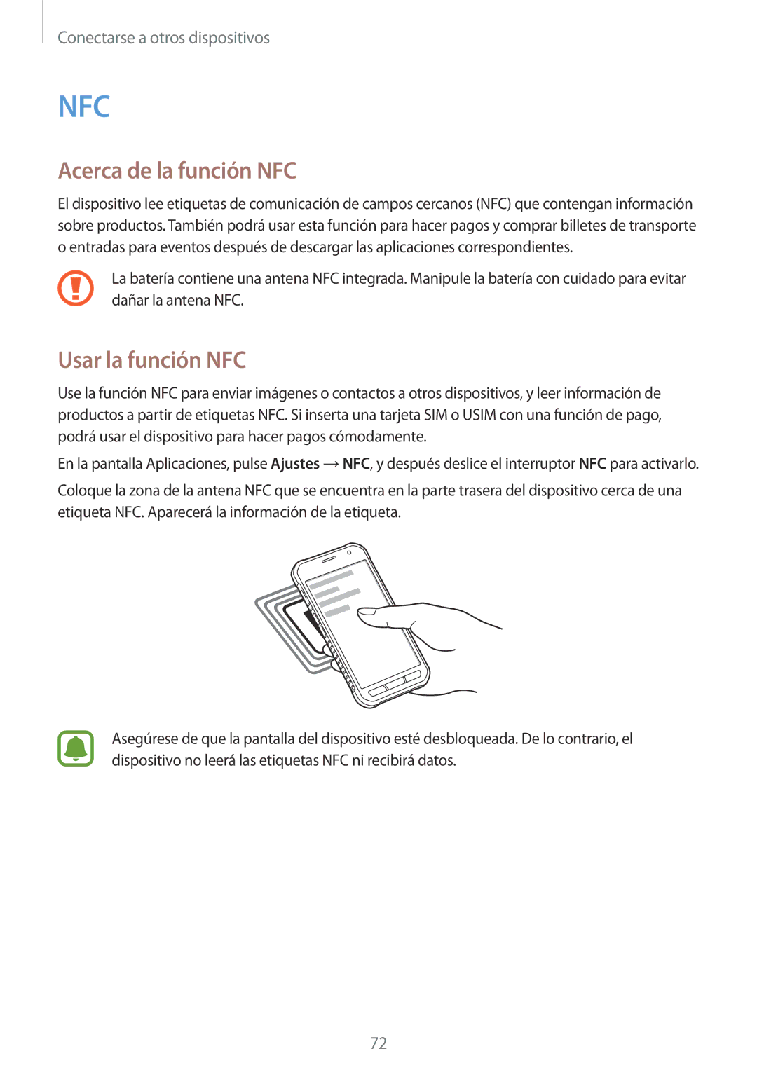 Samsung SM-G388FDSAPHE manual Acerca de la función NFC, Usar la función NFC 