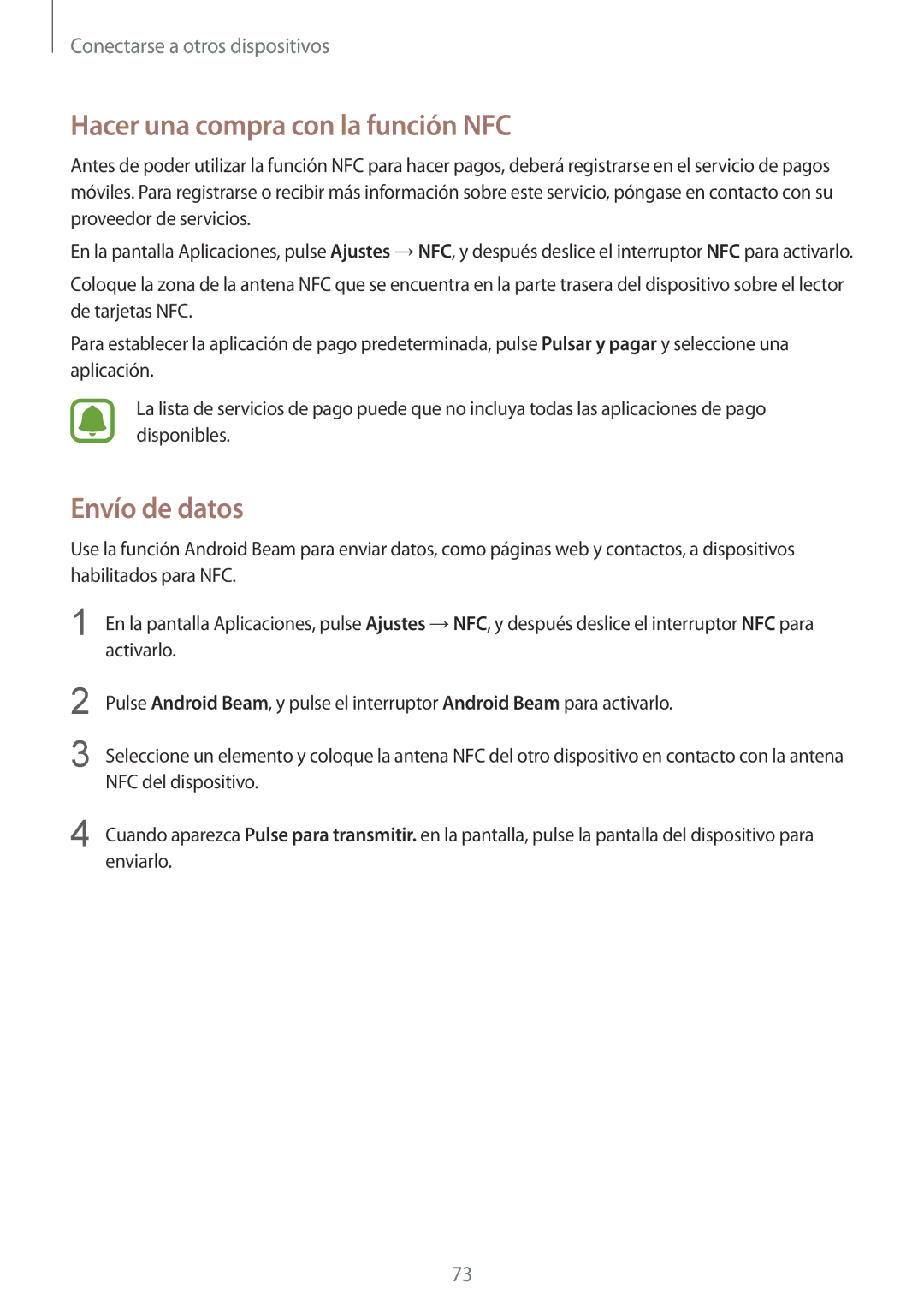 Samsung SM-G388FDSAPHE manual Hacer una compra con la función NFC, Envío de datos 