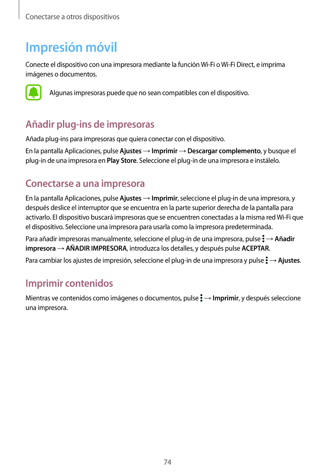 Samsung SM-G388FDSAPHE Impresión móvil, Añadir plug-ins de impresoras, Conectarse a una impresora, Imprimir contenidos 