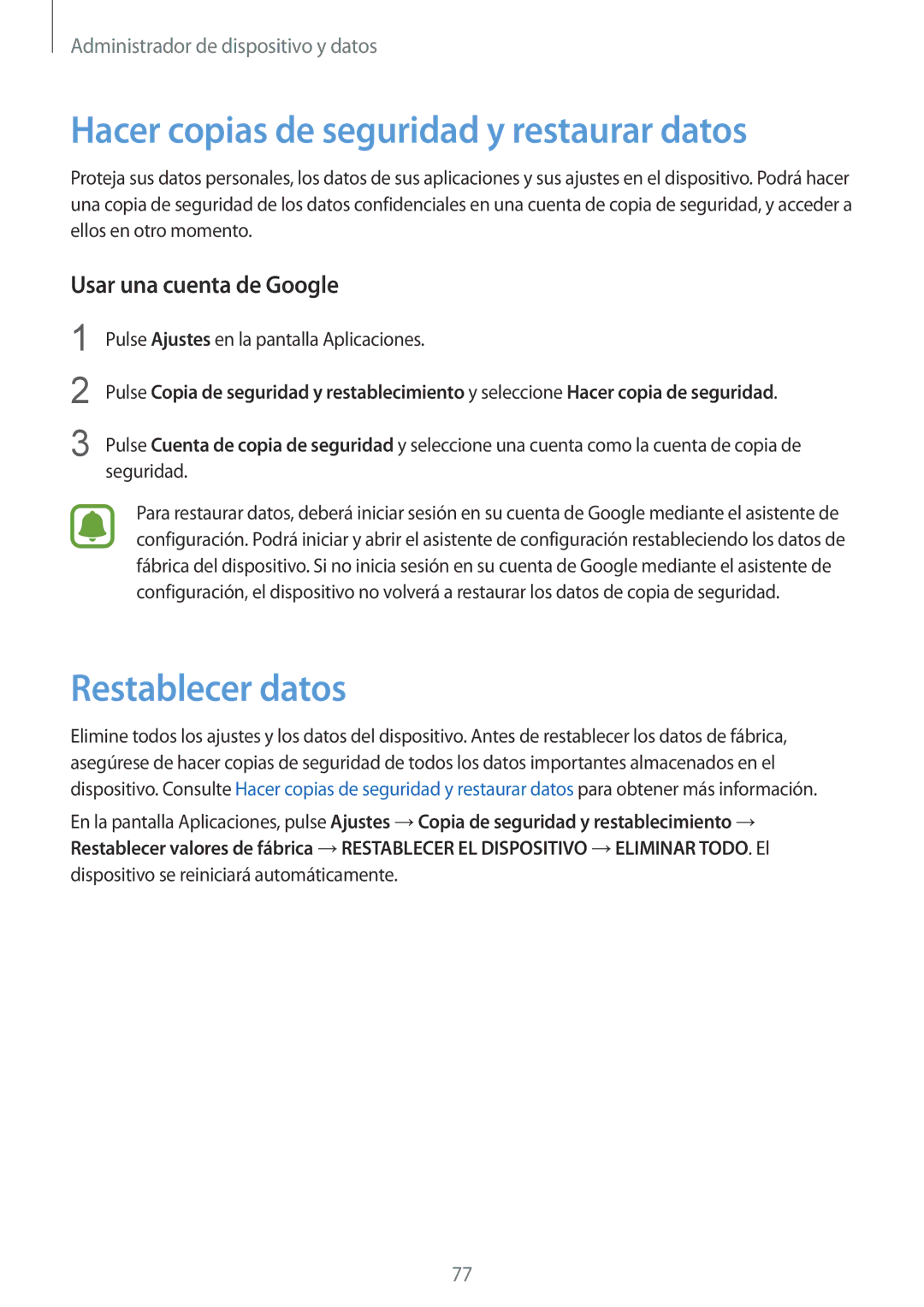 Samsung SM-G388FDSAPHE manual Hacer copias de seguridad y restaurar datos, Restablecer datos, Usar una cuenta de Google 