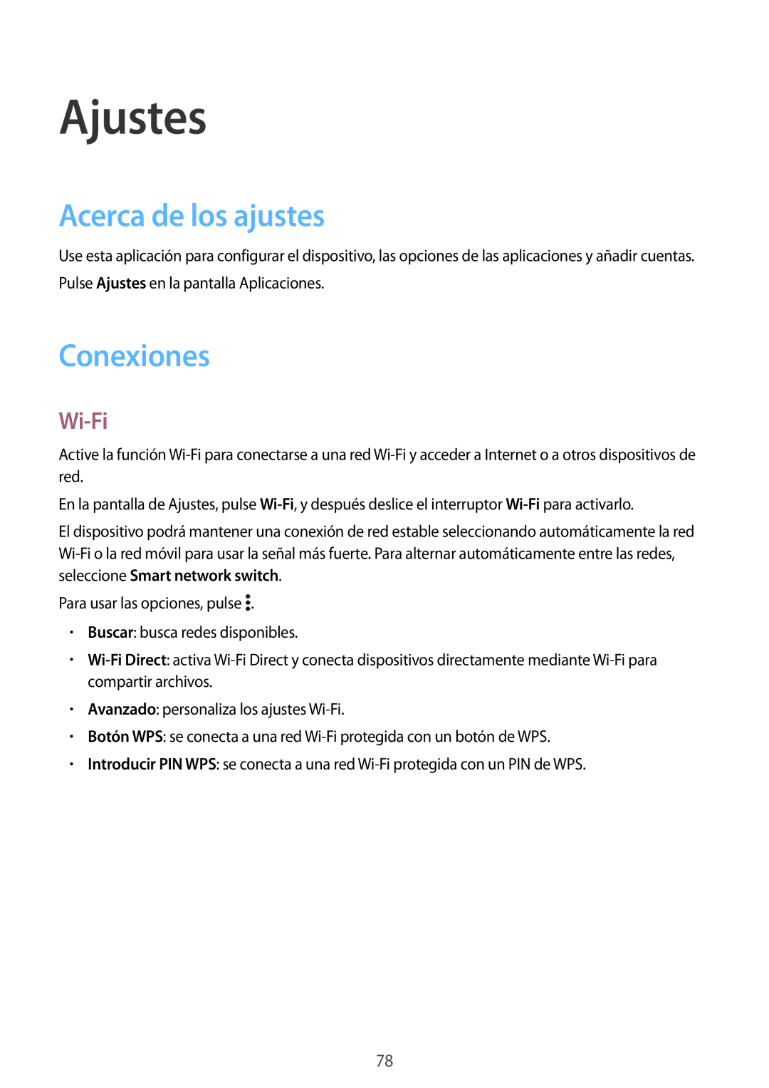 Samsung SM-G388FDSAPHE manual Ajustes, Acerca de los ajustes, Conexiones, Wi-Fi 