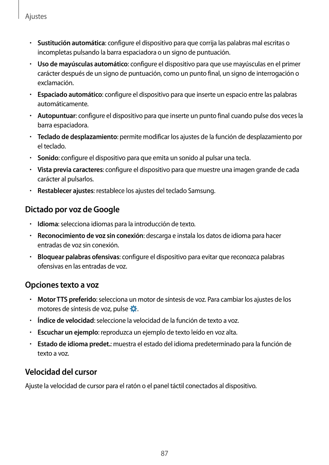 Samsung SM-G388FDSAPHE manual Dictado por voz de Google, Opciones texto a voz, Velocidad del cursor 