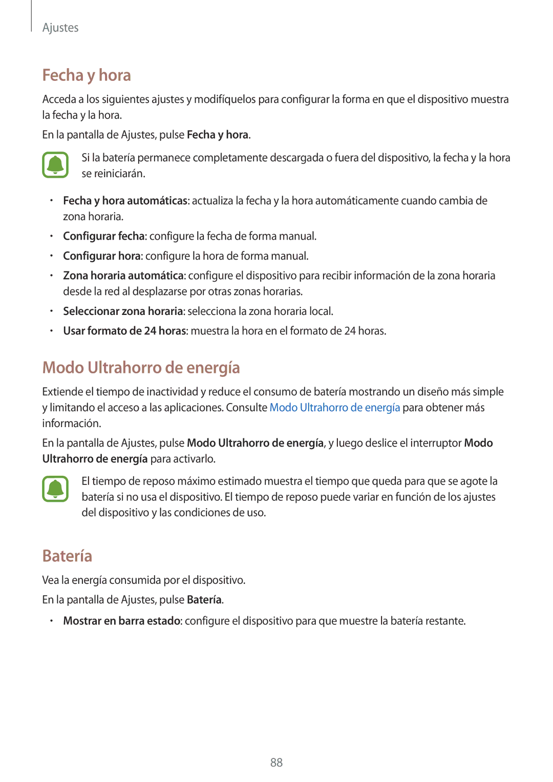 Samsung SM-G388FDSAPHE manual Fecha y hora, Modo Ultrahorro de energía, Batería 