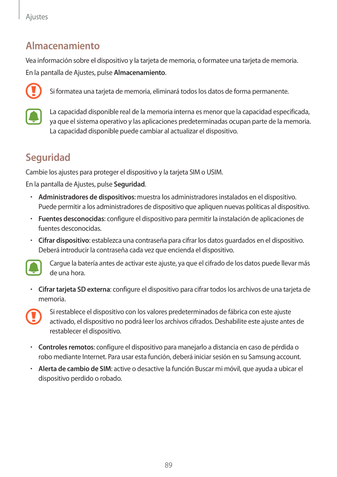 Samsung SM-G388FDSAPHE manual Almacenamiento, Seguridad 