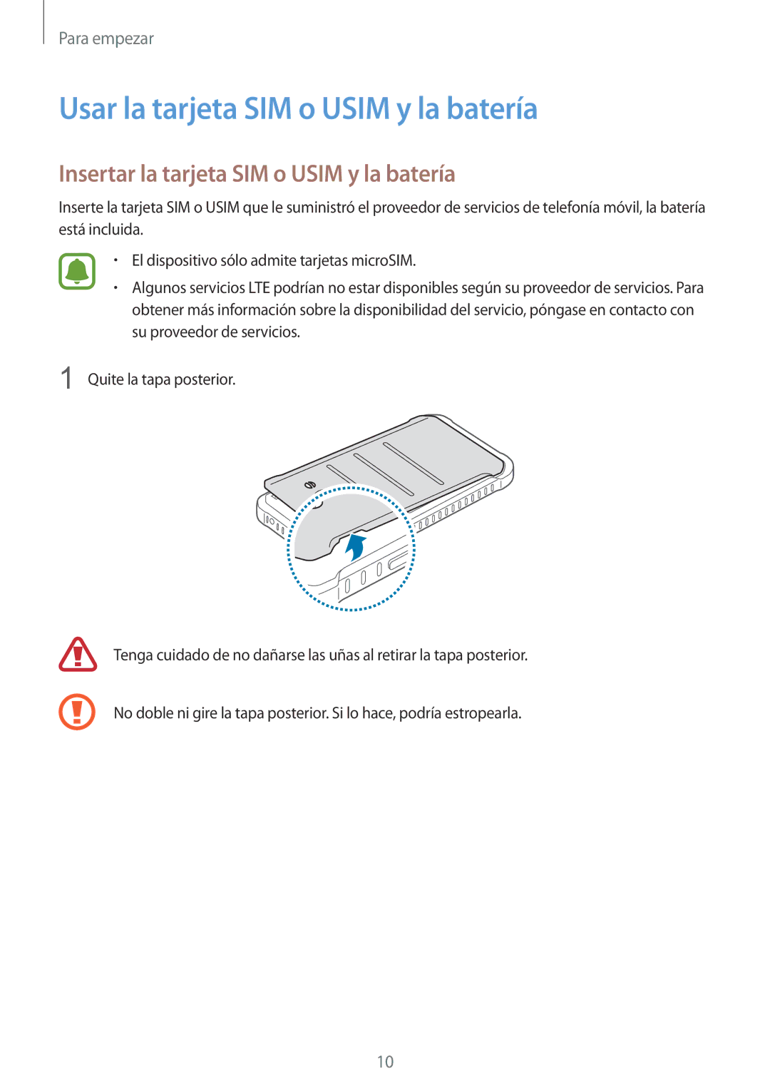 Samsung SM-G388FDSAPHE manual Usar la tarjeta SIM o Usim y la batería, Insertar la tarjeta SIM o Usim y la batería 