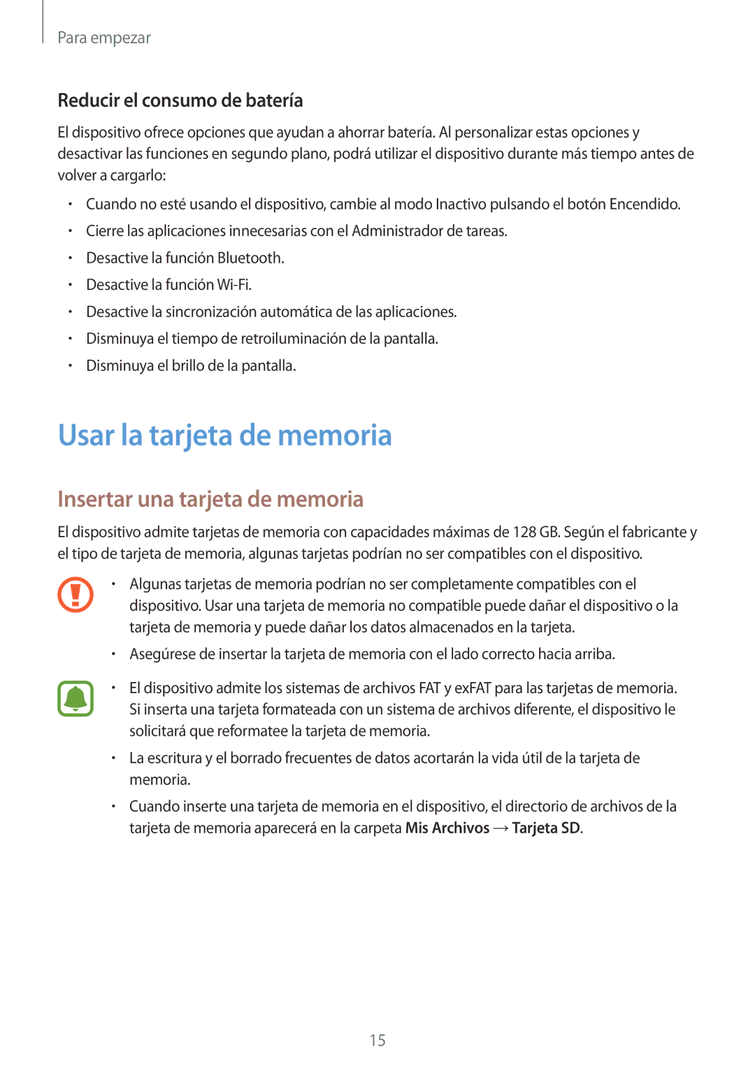 Samsung SM-G388FDSAPHE manual Usar la tarjeta de memoria, Insertar una tarjeta de memoria, Reducir el consumo de batería 