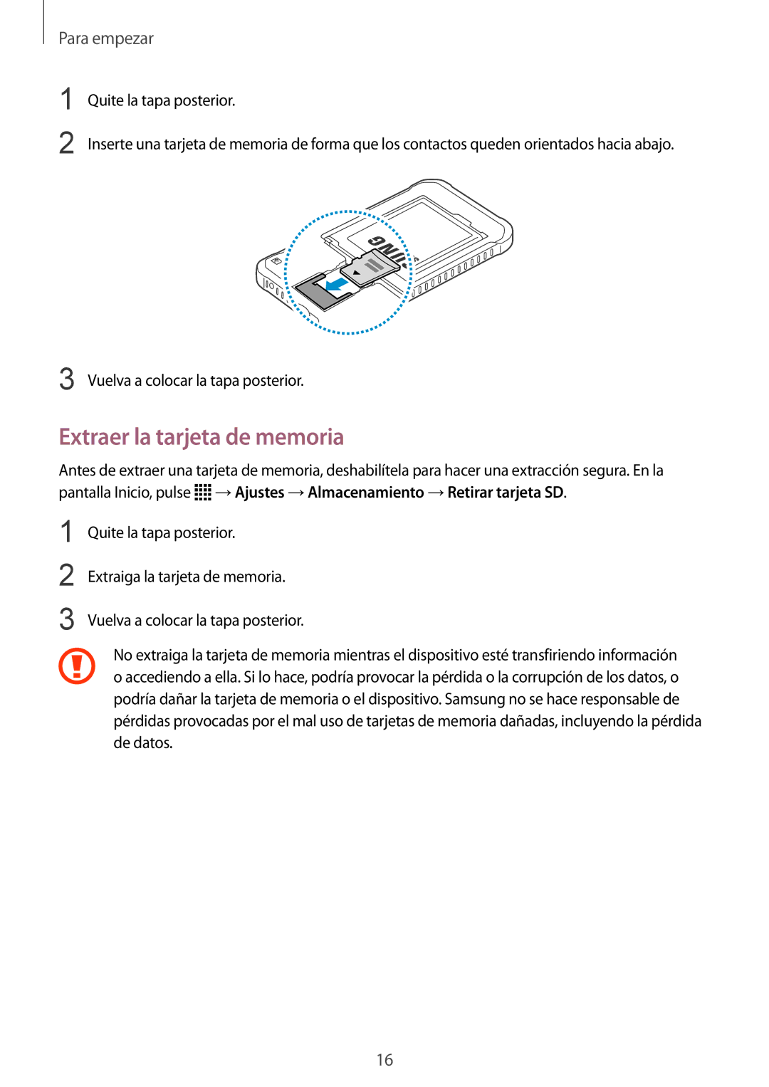 Samsung SM-G388FDSAPHE manual Extraer la tarjeta de memoria 