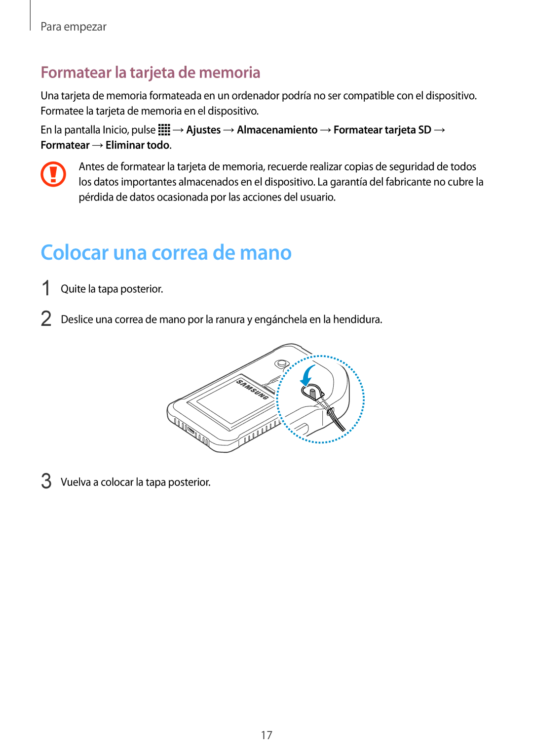 Samsung SM-G388FDSAPHE manual Colocar una correa de mano, Formatear la tarjeta de memoria 