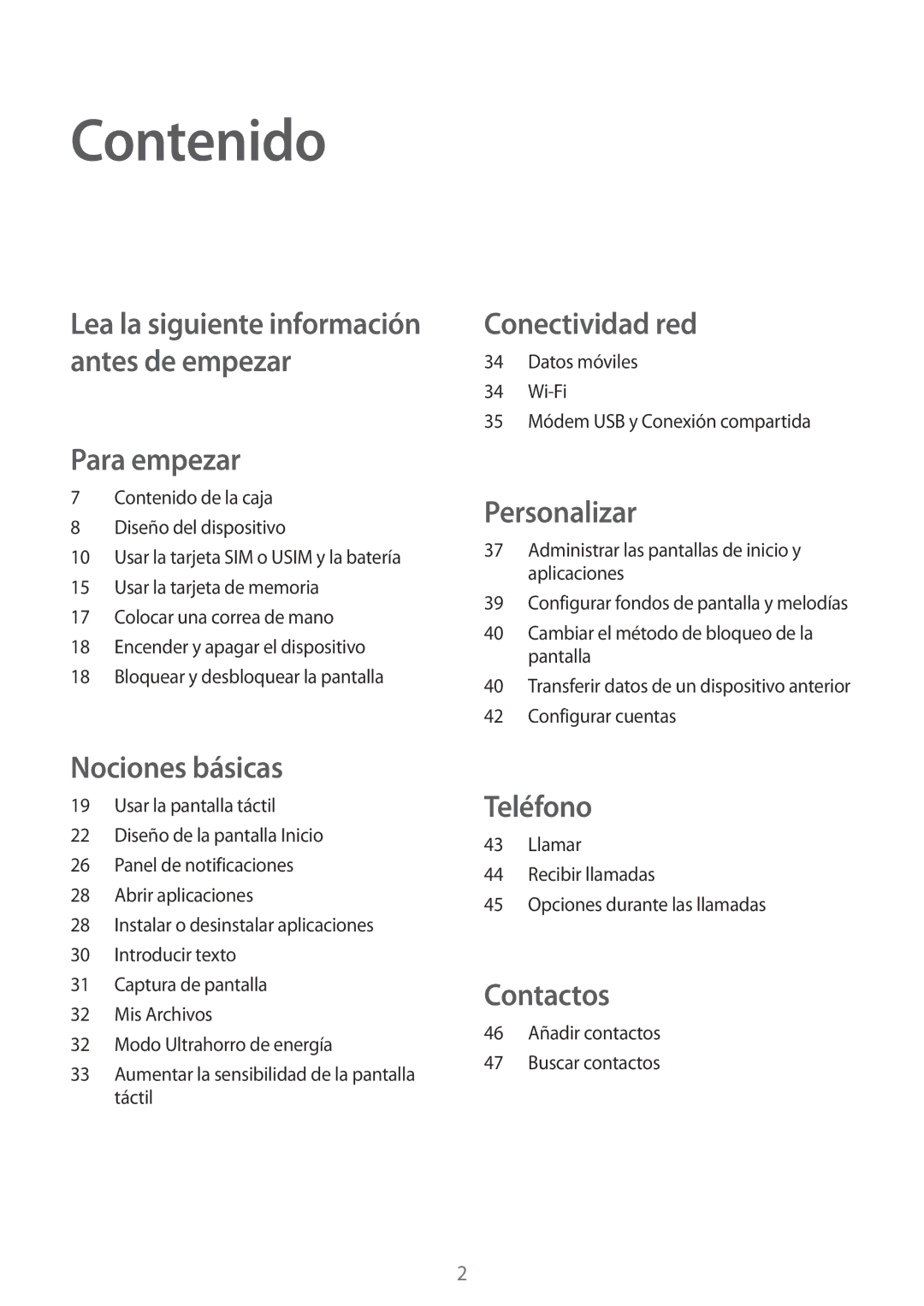 Samsung SM-G388FDSAPHE manual Contenido, Para empezar 