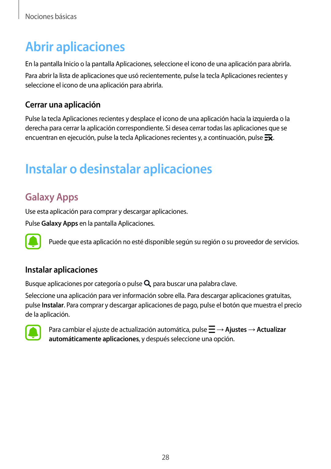 Samsung SM-G388FDSAPHE manual Abrir aplicaciones, Instalar o desinstalar aplicaciones, Galaxy Apps, Cerrar una aplicación 